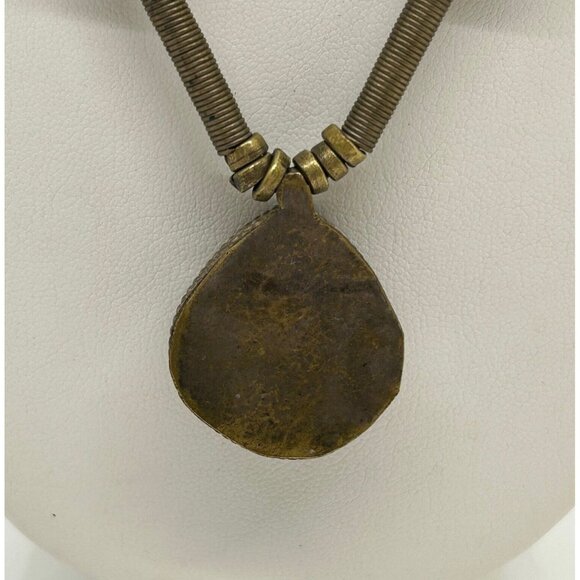 Ethnic Tribal Necklace with Bloodstone Jasper Pendant Brass Setting and Beads - Picture 11 of 15